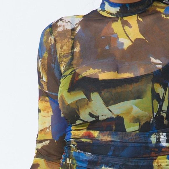 Mock neck print Midi dress w/ruched mesh details - Picture 6 of 8